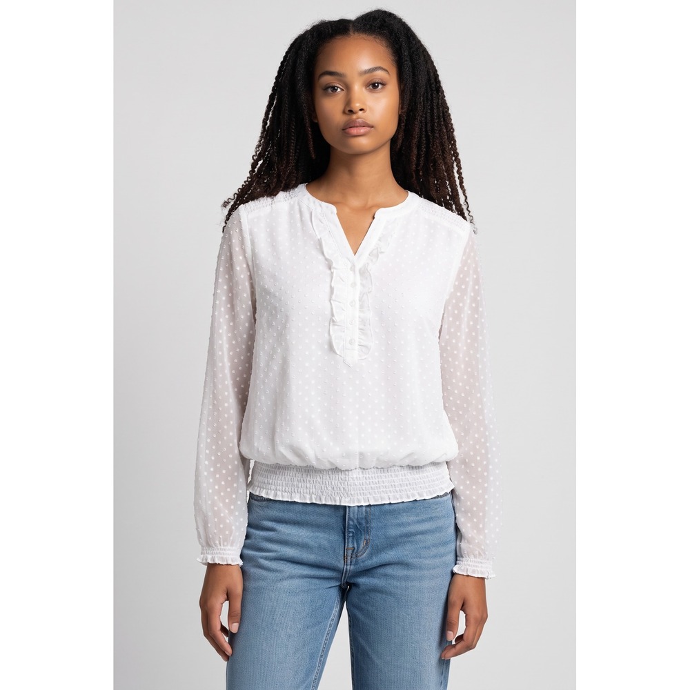 Christopher & Banks White Swiss Dot Smocked Blouse Ruffle Henley Top Small